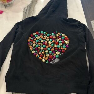 VS PINK Black Zipper Sweatshirt with Crystal Mosaic Heart Design-sz M
